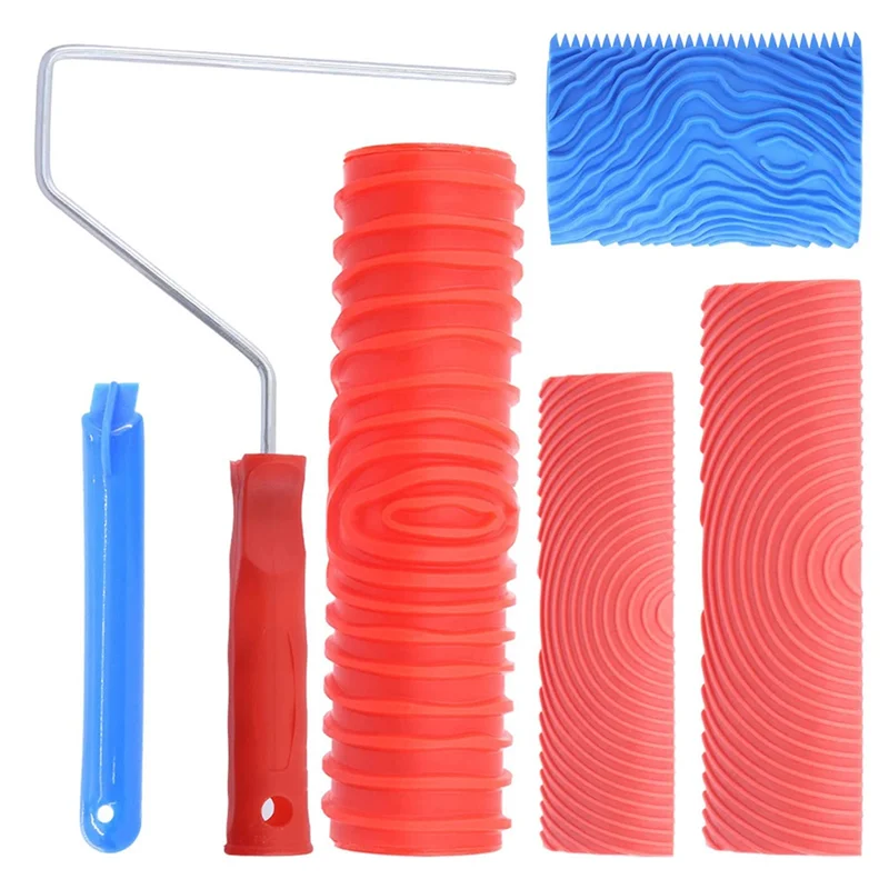 4Pcs Wood Graining Painting Tool Set, M21 MS16 Grain Texture Pattern Roller with Handle, for DIY Floor Furniture Home