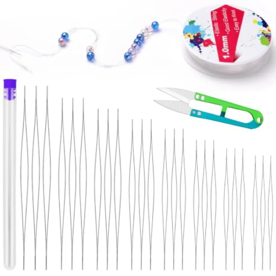 26 Pcs Beading Needles Set, Beading Needles for Seed Beads, 24 Pcs Big Eye Bead Needles, 1mm/Roll Elastic String for Bracelets