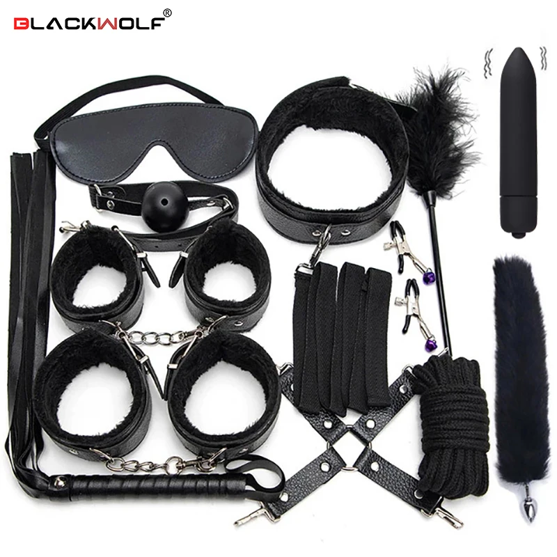 Sexy Leder BDSM Kits Plüsch Sex Bondage Set Handschellen Sex Spiele Peitsche Gag Nippel Klemmen Sex Spielzeug Für Paare Exotische zubehör