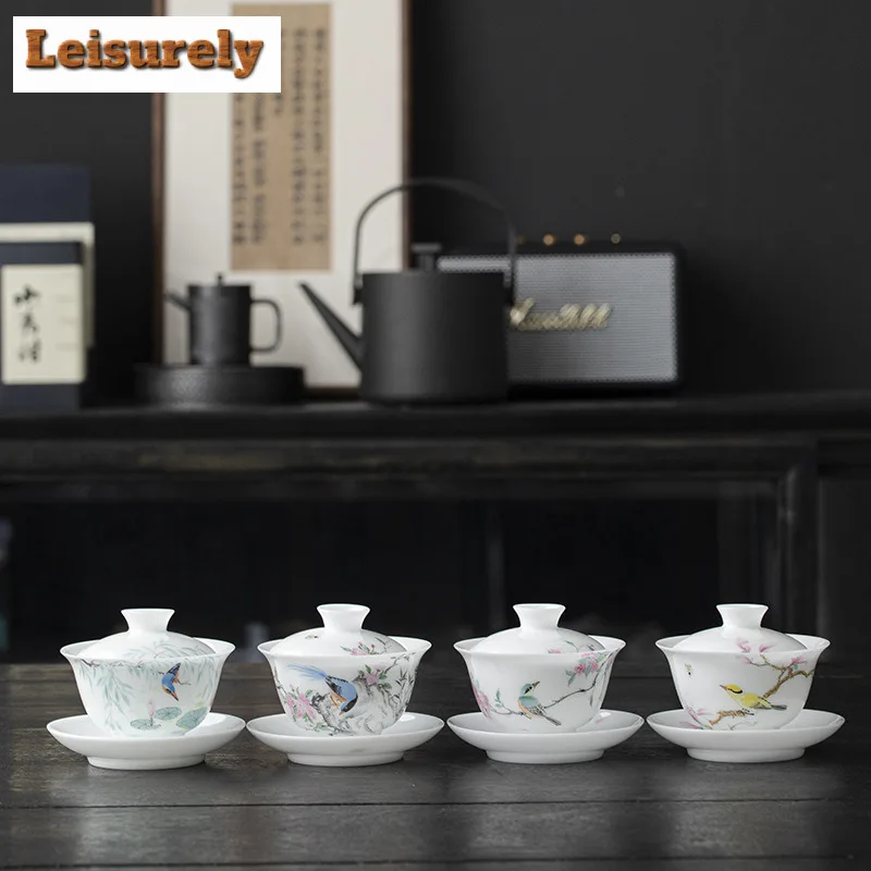 135ml Boutique Ice Seed Jade Porcelain Gaiwan Hand-painted Flower And Bird Tea Tureen Household Tea Maker Cover Bowl Cafes Gifts