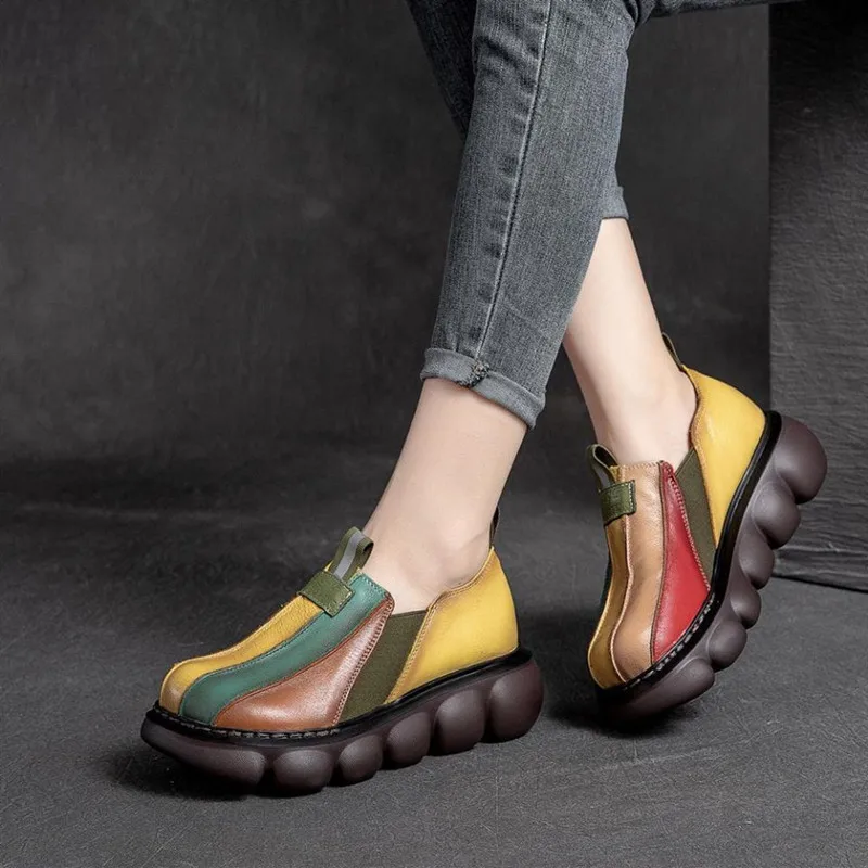 Autumn 2024 New Fashion Ethnic Style Retro Handmade Rainbow Color Female Leather Thick Sole Cake and Casual Shoes