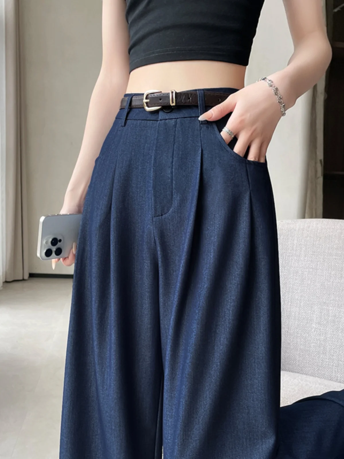 

Джинсы Deep Blue с высокой талией и прямыми штанинами, женские, весна-осень, новинка, маленький размер, широкие брюки, повседневные брюки-костюм