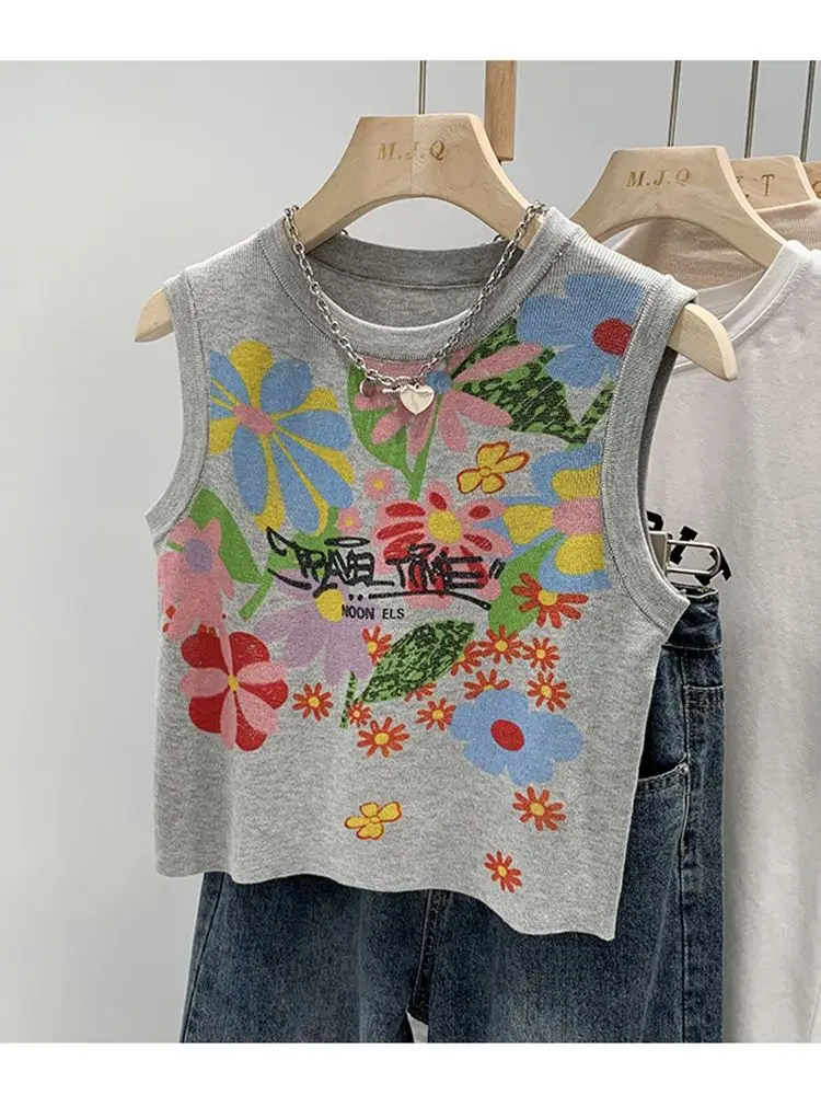 Vintage Graffiti Flower Print Knitted Camisole Women Sweater Vests Crop Tank Tops Fashion Sexy Streetwear Sleeveless Knitwear