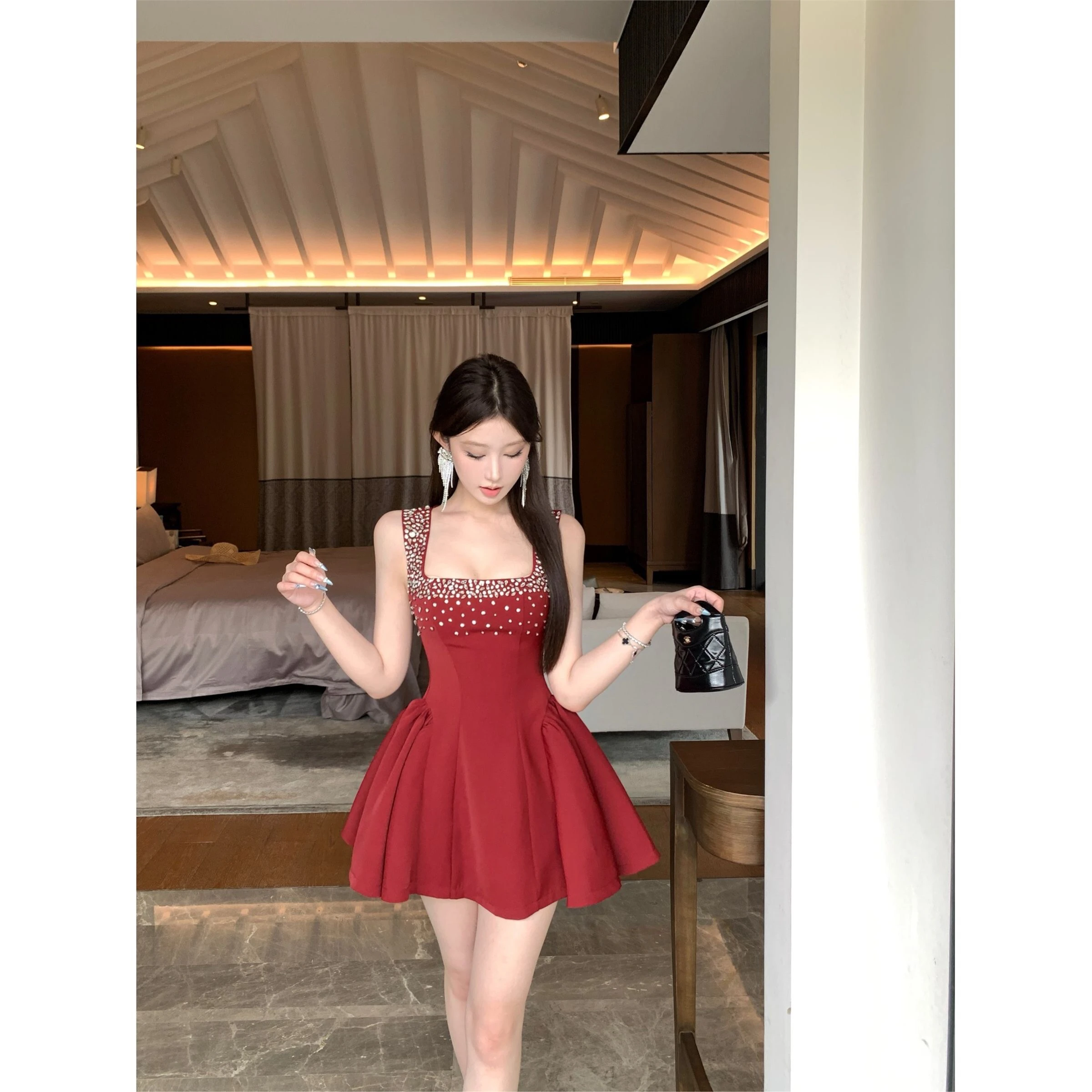 تنورة منتفخة بقصة ضيقة مع ياقة مربعة Dr Little Bla Dr Summer Faion عالية الخصر ort Dr Ele Sle #1