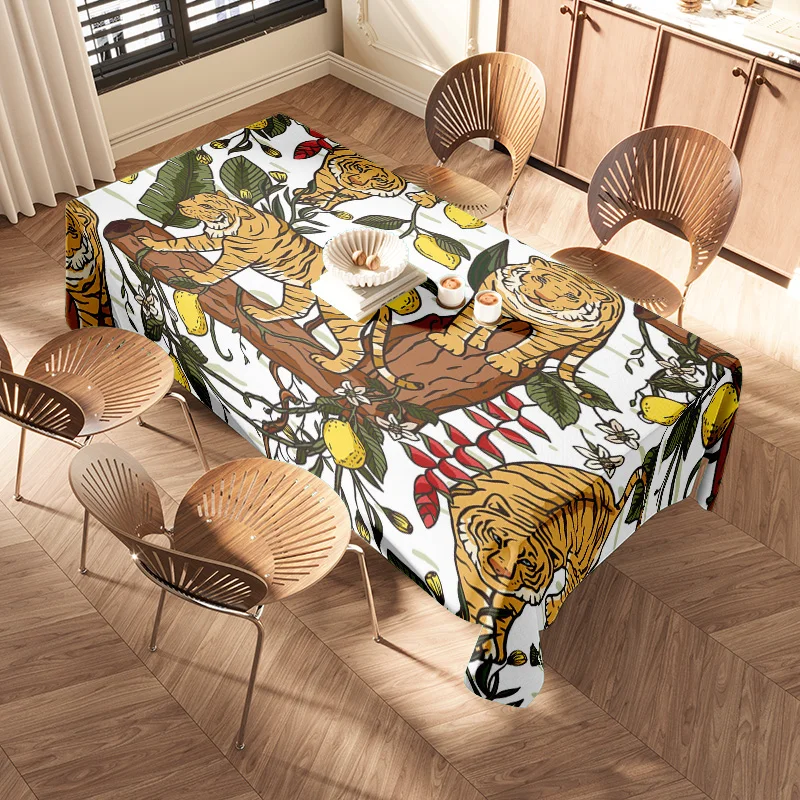 Tiger Print TableclothWild Animal Fruit Design Decoration for Dining Room 120x180cm XL Size Soft Polyester Fabric Washable Easy