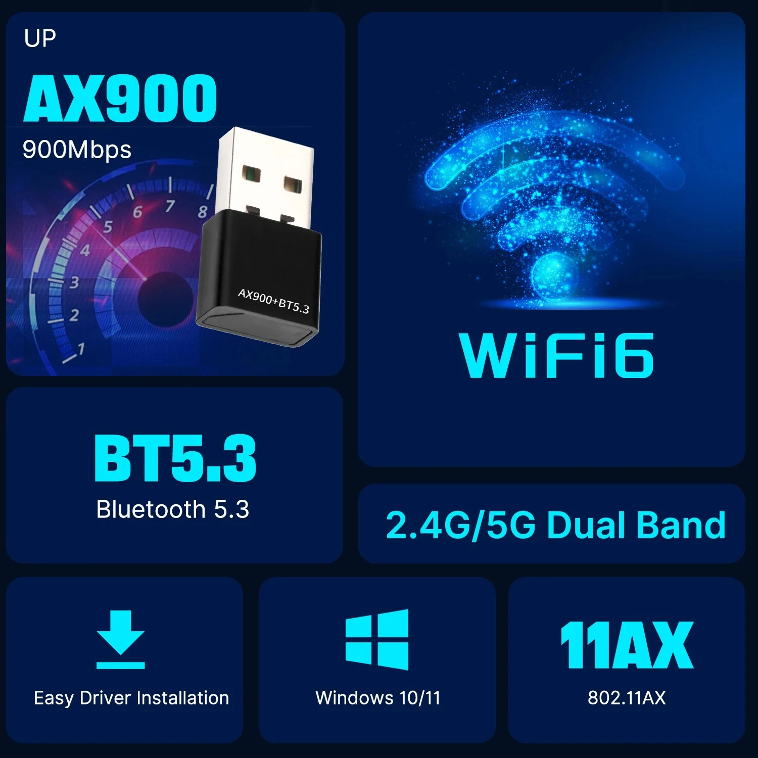 Адаптер AX900 WiFi 6, BT5.3, двухдиапазонный, 2,4G/5 ГГц, USB, сетевая карта Wi-Fi, беспроводной Wlan-приемник, ключ для ПК Win10/11, драйвер бесплатно