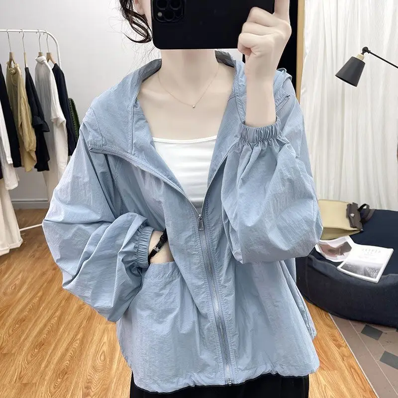 Summer New Thin Hooded Loose Cardigan Long Sleeve Solid Color All-match Youth Casual Tops Tees Fashion Vintage Women Clothing