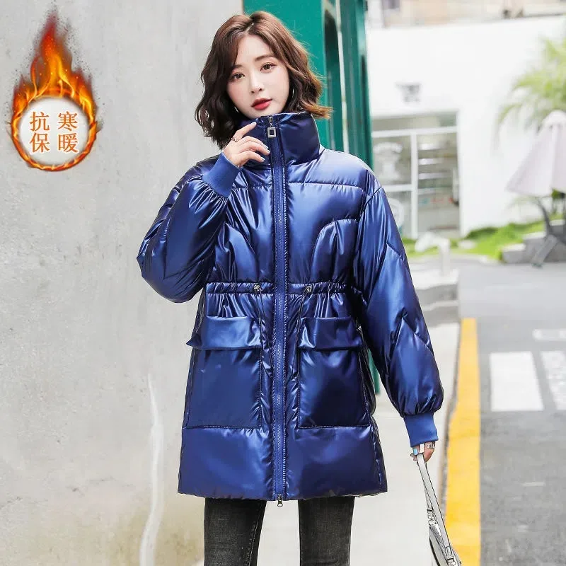 Winter New Glossy Waived Wash Down Cotton Clothes Women Mid-Length Cotton Coat Korean Version Loose Receive Waist Padded Jacket