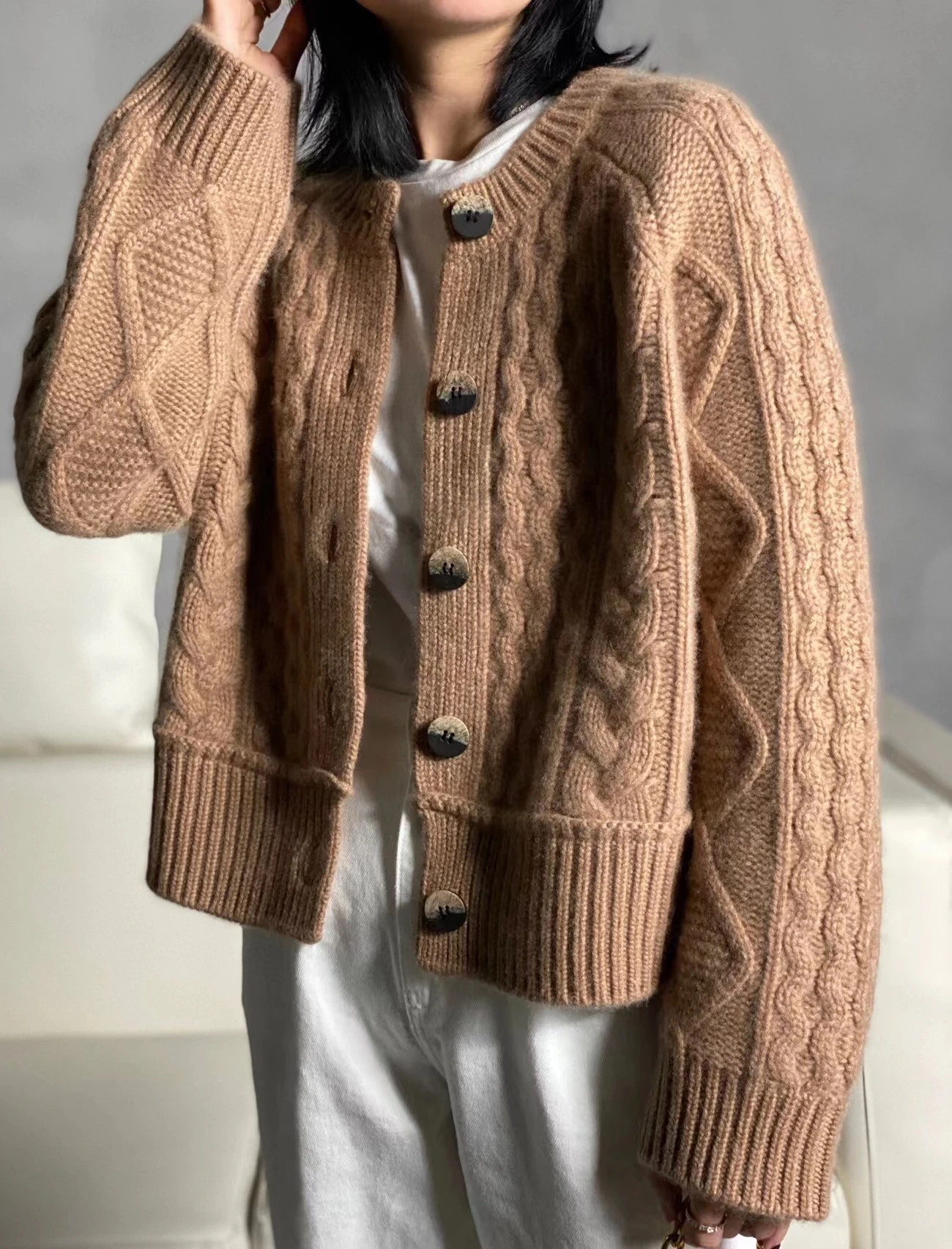 Pure cashmere cardigan women 2023 autumn-winter new French crewneck vintage thick twist flower loose knit sweater coat