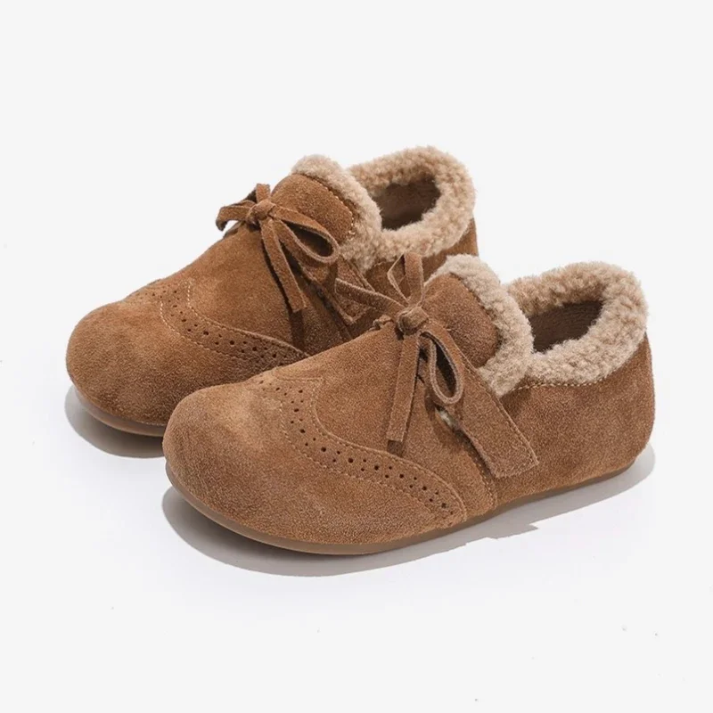 

Winter Children Causal Cotton Shoes Sweet Bowknot Girls Furry Flat Shoes Outdoor Fashion Simple Kids Warm Plush Shoes Non-slip