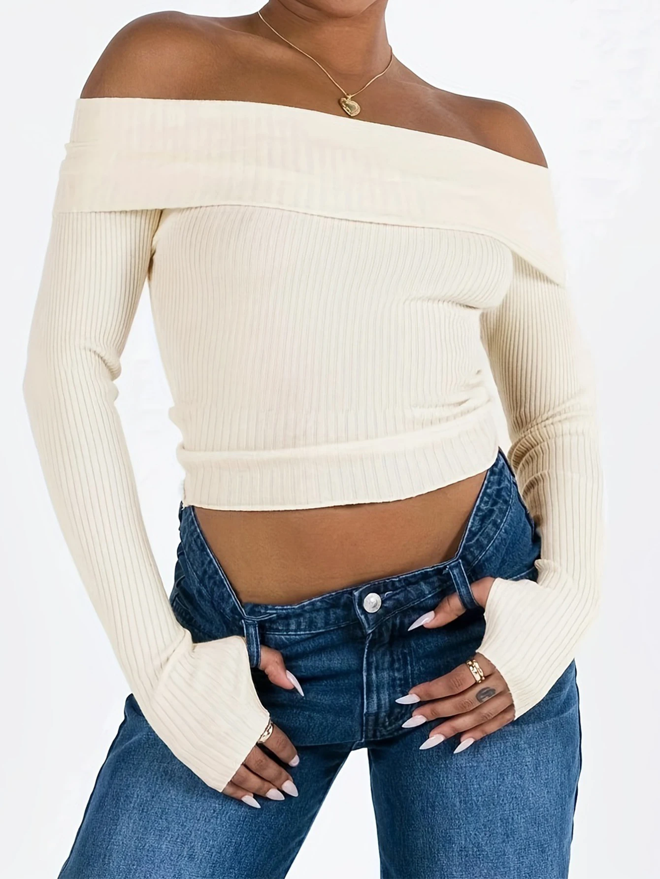 

Women's Autumn Sweater Casual Plain Long Sleeve Off-Shoulder Skinny Cropped Top Daily Wear Style