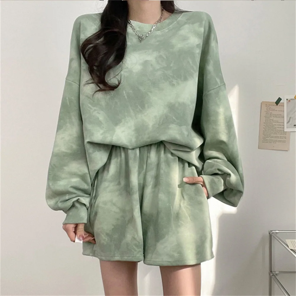 

100% Pure Cotton Tie Dye Casual Long Sleeve Women's Set Loose Summer Autumn Spring Two Piece Sportswear Comfortable Pants