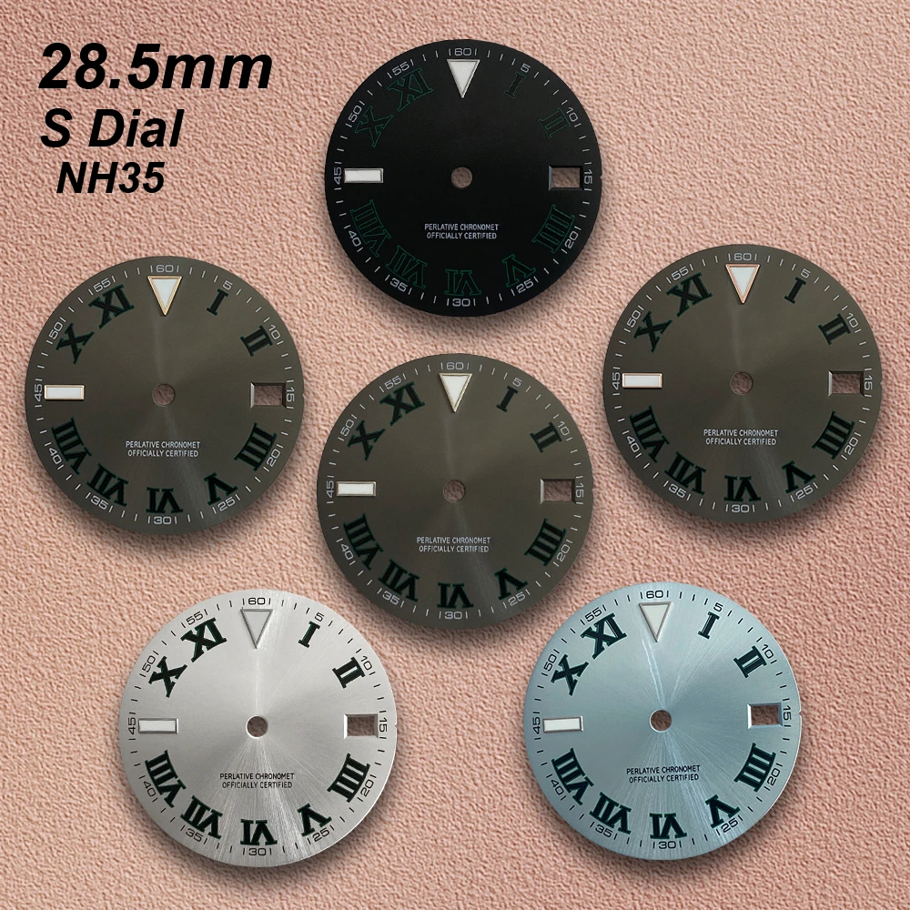 

Циферблат 28,5 мм с логотипом S и римскими цифрами для механизмов NH35/NH36/4R, с люминесцентным покрытием Ice Blue Pothos, высококачественные аксессуары для модификации часов