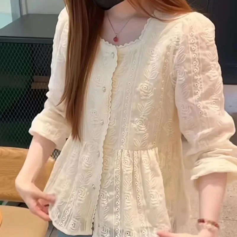

Korean Feminine Fashion Long Sleeves Blouse Coat Women Solid Color Cardigan Tops Spring Ladies Loose Embroidery Shirts XQ9