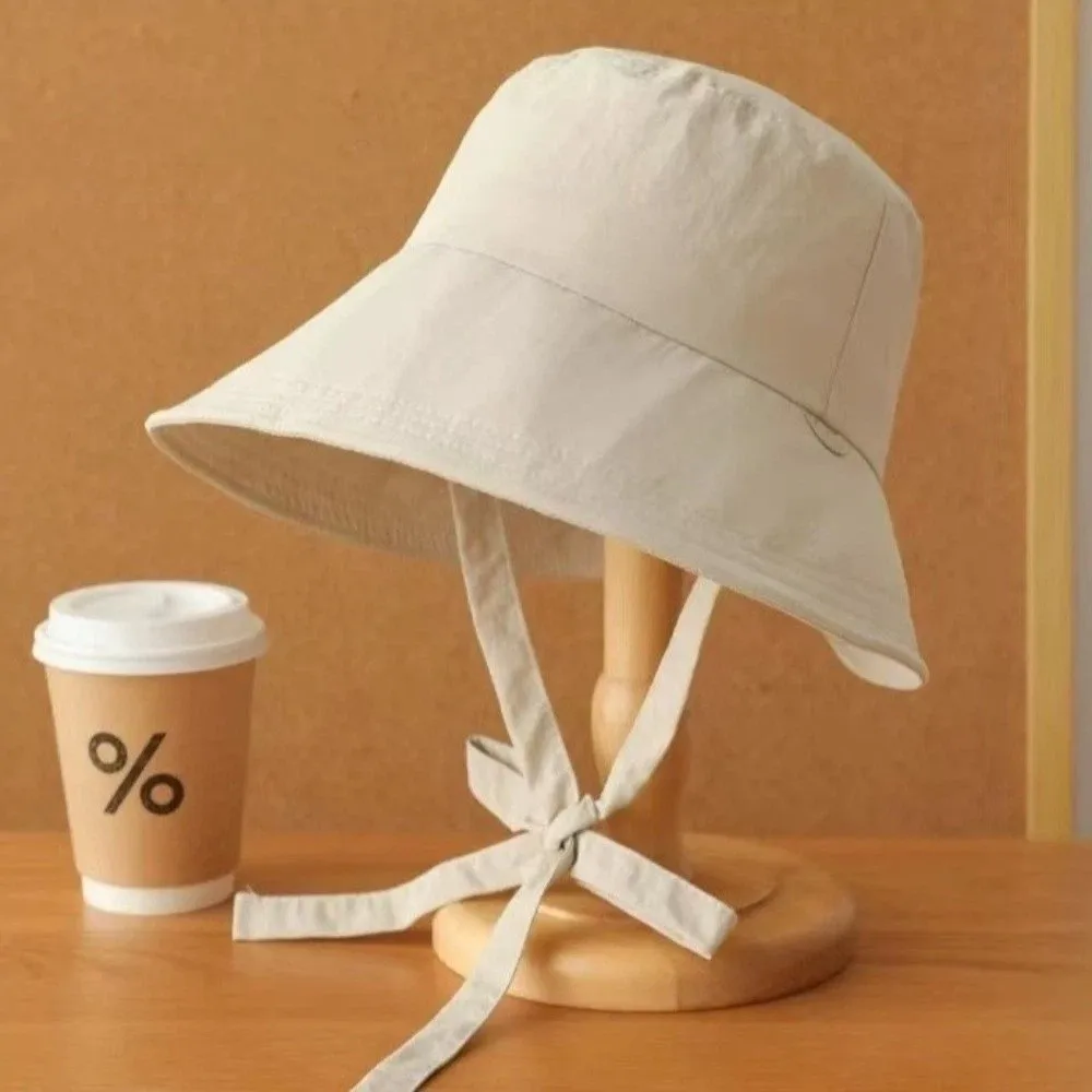Breathable Lace-up Sunshade Hat Thin UV Protection Wide Brim Fisherman Hat Makes Face Look Smaller Solid Color Bucket Cap