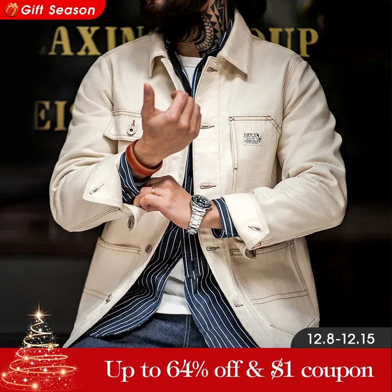 Maden Men\'s Vintage Classic Work Jacket Four Pockets and Five Buttons Male Spring and Autumn Beige Jacket Cotton Seed Husk Top