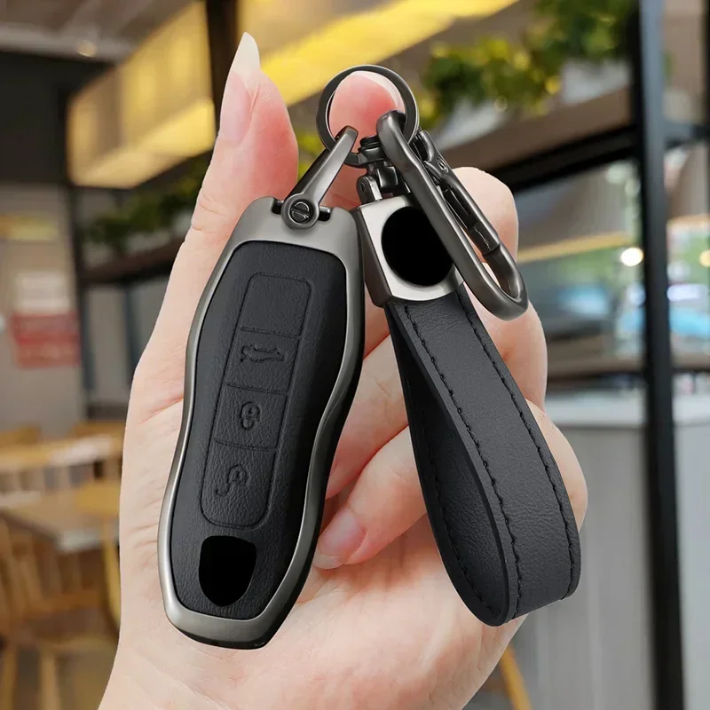 Stylish Leather + Alloy Porsche Key Bag With Metal Buckle Suitable For Macan Panamera911 918 718 958 991 971 Taycan Car Key Case