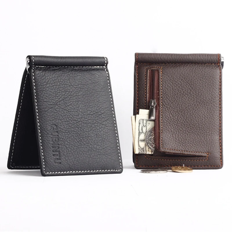 

GUBINTU Portable Mini Men's Genuine leather Money Clip Wallet With Coin Pocket Small Card Cash Holder Metal Money Clamp For Male