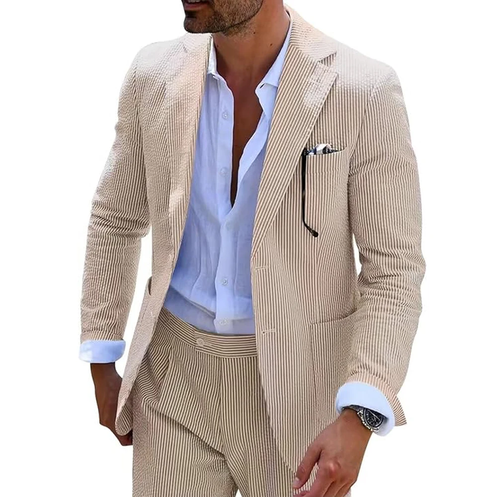 Summer Men Suits 2 Pieces Seersucker Notched Lapel Wedding Party Suit Jacket Pants Casual 2 Button Slim Fit Suits for Men