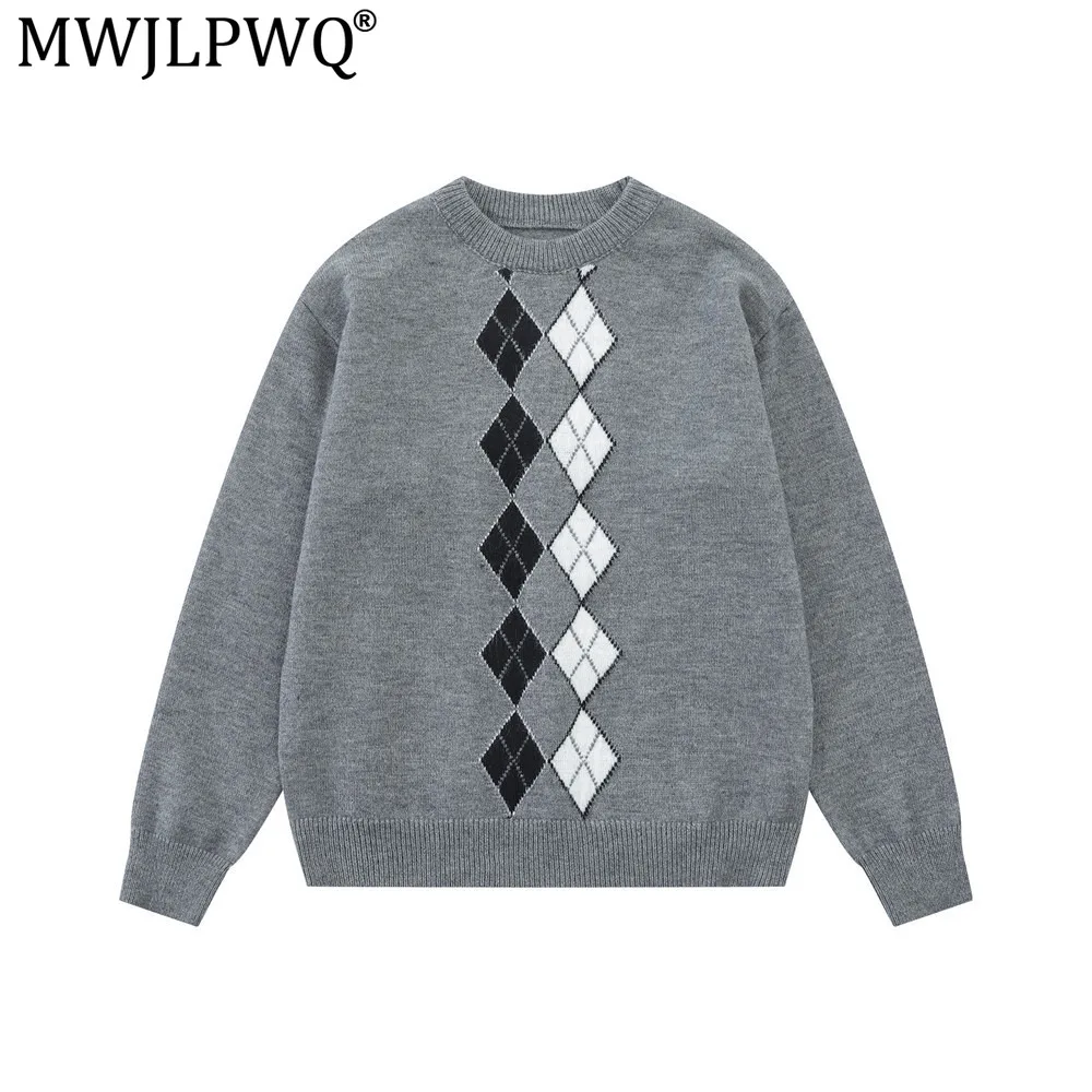 MWJLPWQ Contrast Color Diamond Pattern Jacquard Crew Neck Sweater Men American Trendy Vibe Spring Autumn Long Sleeve Tops 21009