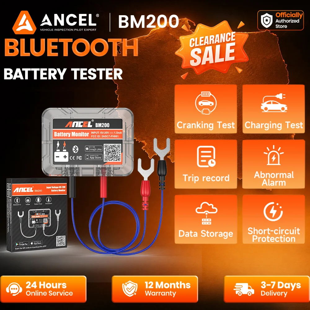ANCEL BM200 Testeur de batterie automobile 12V, moniteur de santé de la batterie, connexion sans fil pour application Android IOS, outil de test de batterie