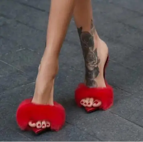 

Sexy Red Black Rabbit Fur Pointed Open Toe Shallow Slip On Stiletto Heel Modern Slippers Women Summer High Heel Slide Sandals