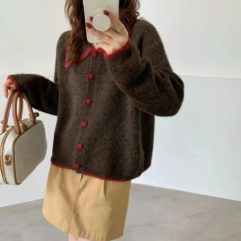 Women Vintage Color Block Lapel Knit Cardigan Loose Lazy Style Sweater Coat Autumn Winter Casual Outerwear
