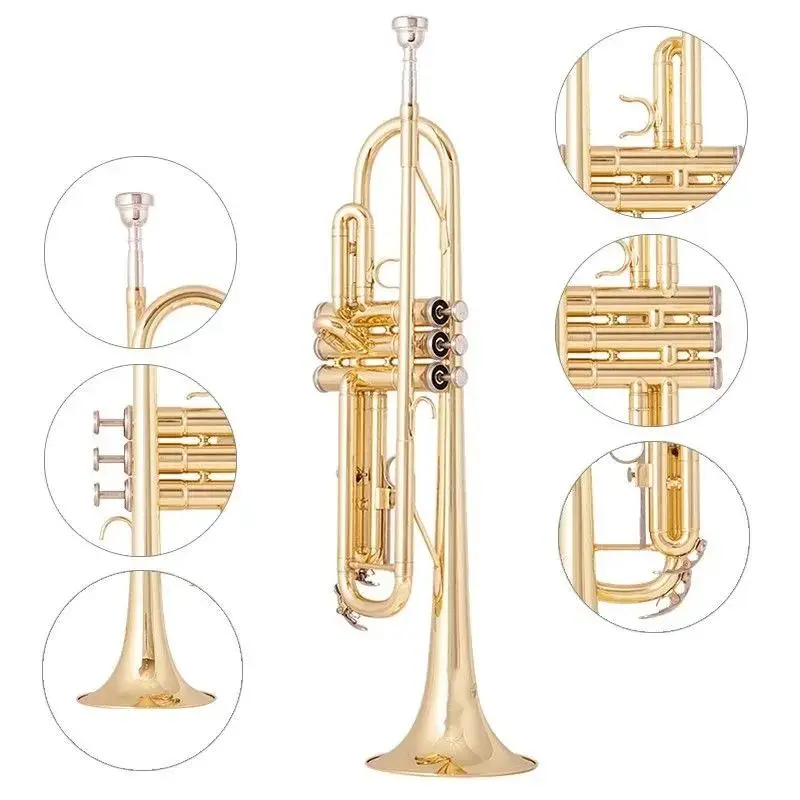 American professional trumpet B-tune brass gold-plated three-tone trumpet trumpet for beginners to play exam band instruments