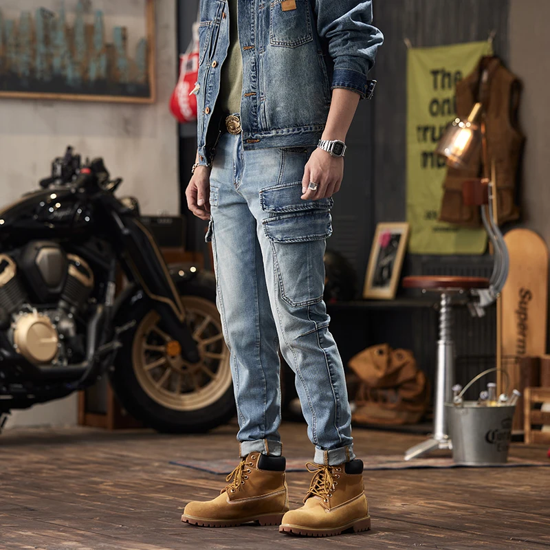 Retro Jeans Men's Fashion New High-End Trend Slim-Fitting Cool Large Pocket Stitching Motorcycle Skinny Trousers