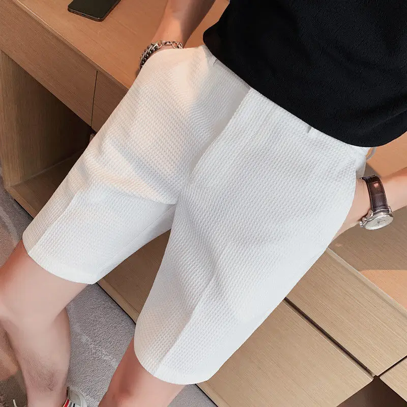 Sommer Männer Waffel dünne Kaffee Anzug Shorts Streetwear Mode männliche Kleidung koreanische lässige Tasche gerade 5 Punkte Eis kurze Hosen