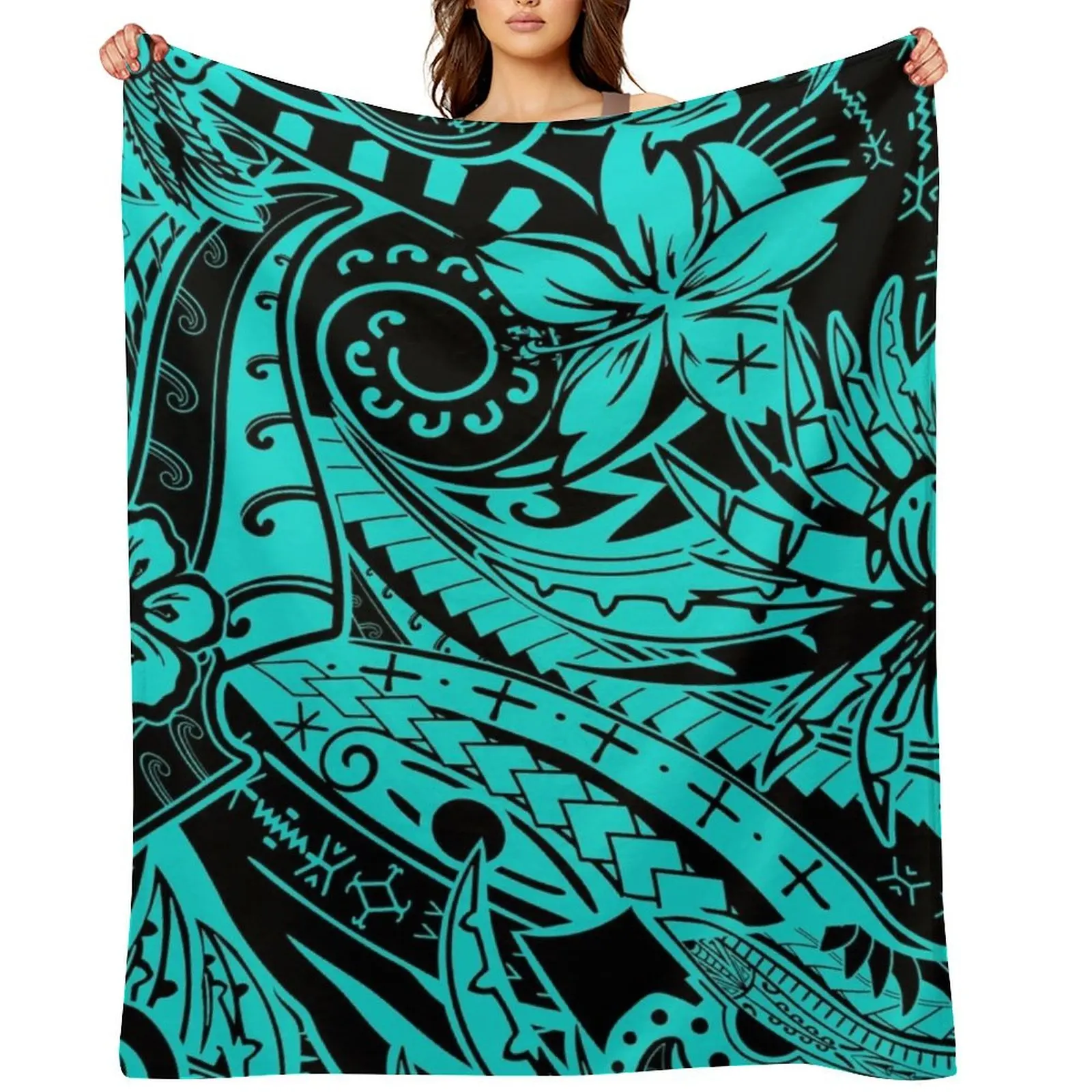 

Polynesian Tribal Teal Collection Throw Blanket warm winter Shaggy Quilt Warm Blankets
