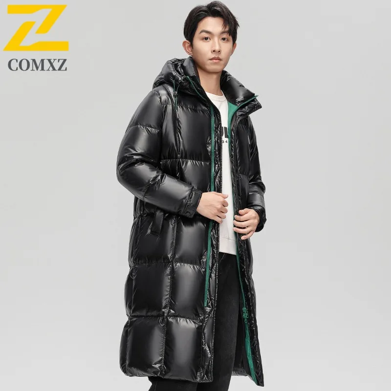 Comxz High-end Mens Down Jacket 2025 New Winter Fashion Bright Long Waterproof 90% White Duck Down Coat Snow Ski Puffer Parkas