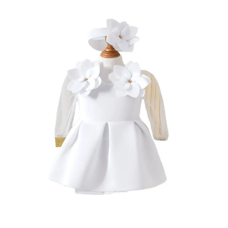 

2025Spring and Summer New Baby Toddler Flower Mesh Long Sleeve Cute Dress with Headband