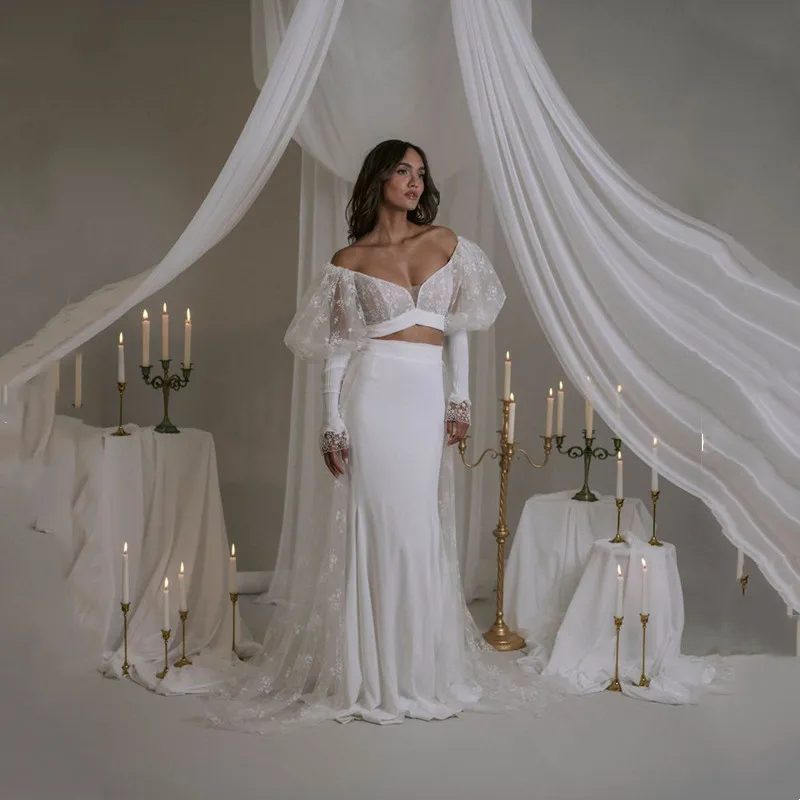

Love Modern 2-Piece Long Puffy Sleeves Lace Mermaid Wedding Dress Sexy V-Neck Ivory Floor Length Simple Off Shoulder Customized