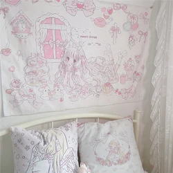 Kawaii Tapestry Wall Decoration Hanging Cloth Background Cloth Girl's Room Dormitory Tapestrys Cute Cartoon Girl Bedroom Decor