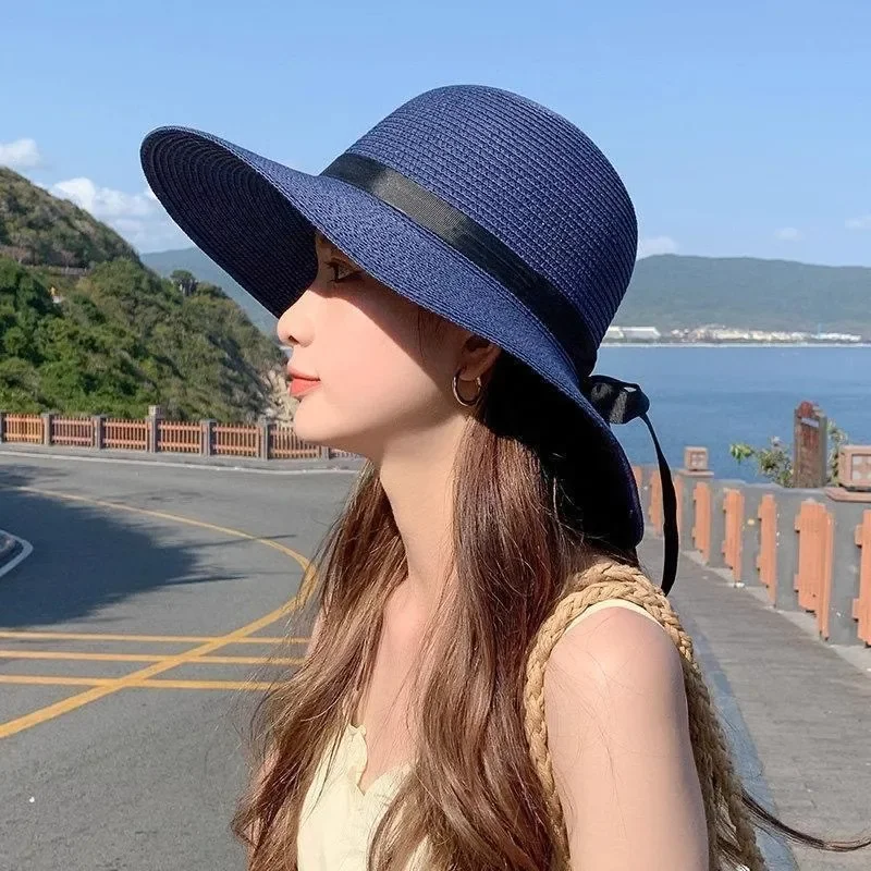 Large Eave Straw Hat for Woman Black Bow Tie EdgeSunscreen Foldable Beach Hat Outdoor Seaside Vacation Fashionable and Elegent image 3