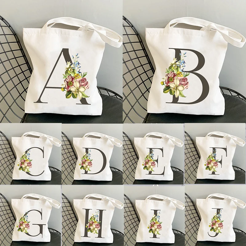 

Color Letter Printed Reusable Foldable Shoulder Organizer Bag Tote Bags for Women Canvas 2022 Casual Handbags Shopping Flower