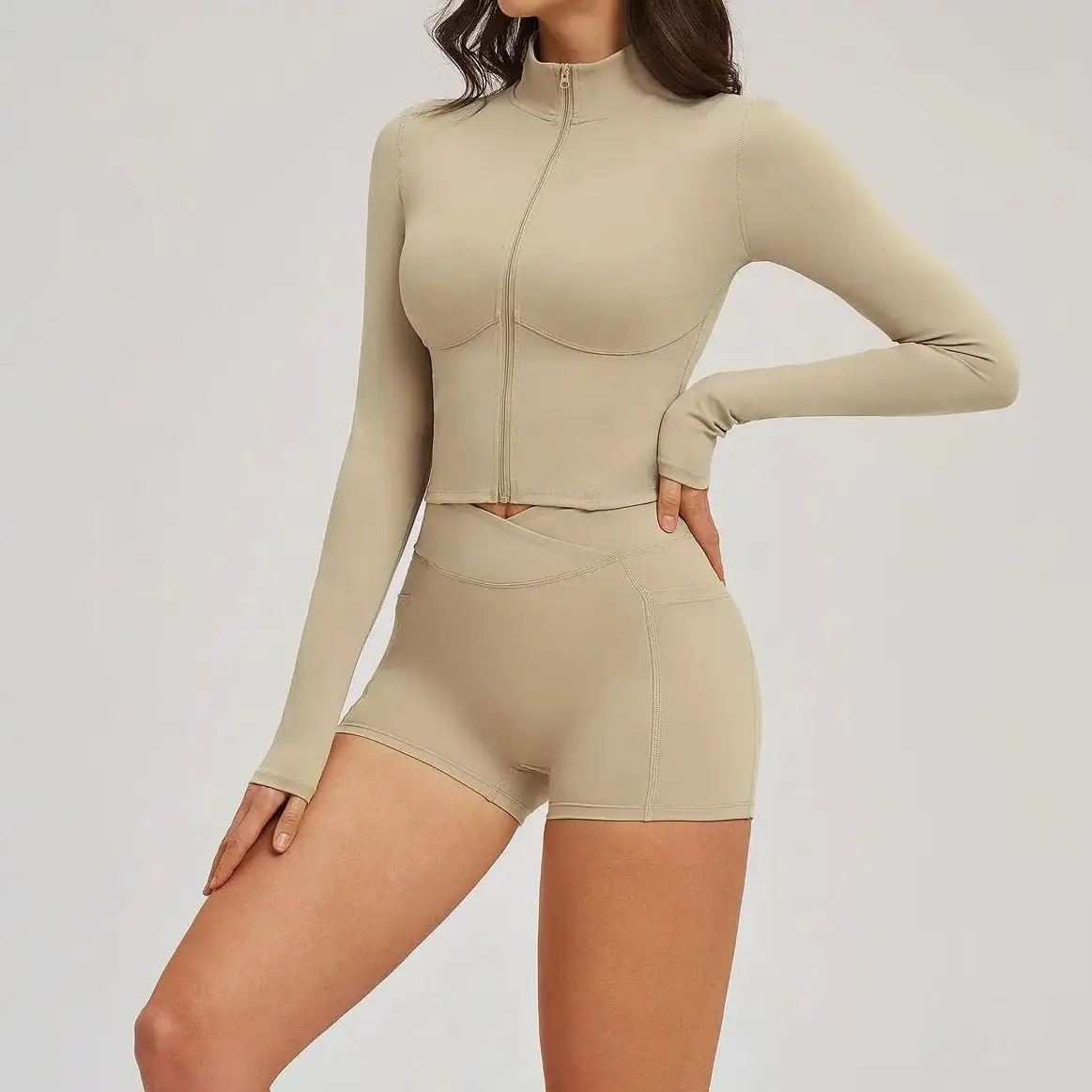 

Ningyu 2 Piece Spring Sports Set Women's Yoga Set Zipper Fashion Casual Long Sleeve Top Sports Shorts Fitness Running Sports Set