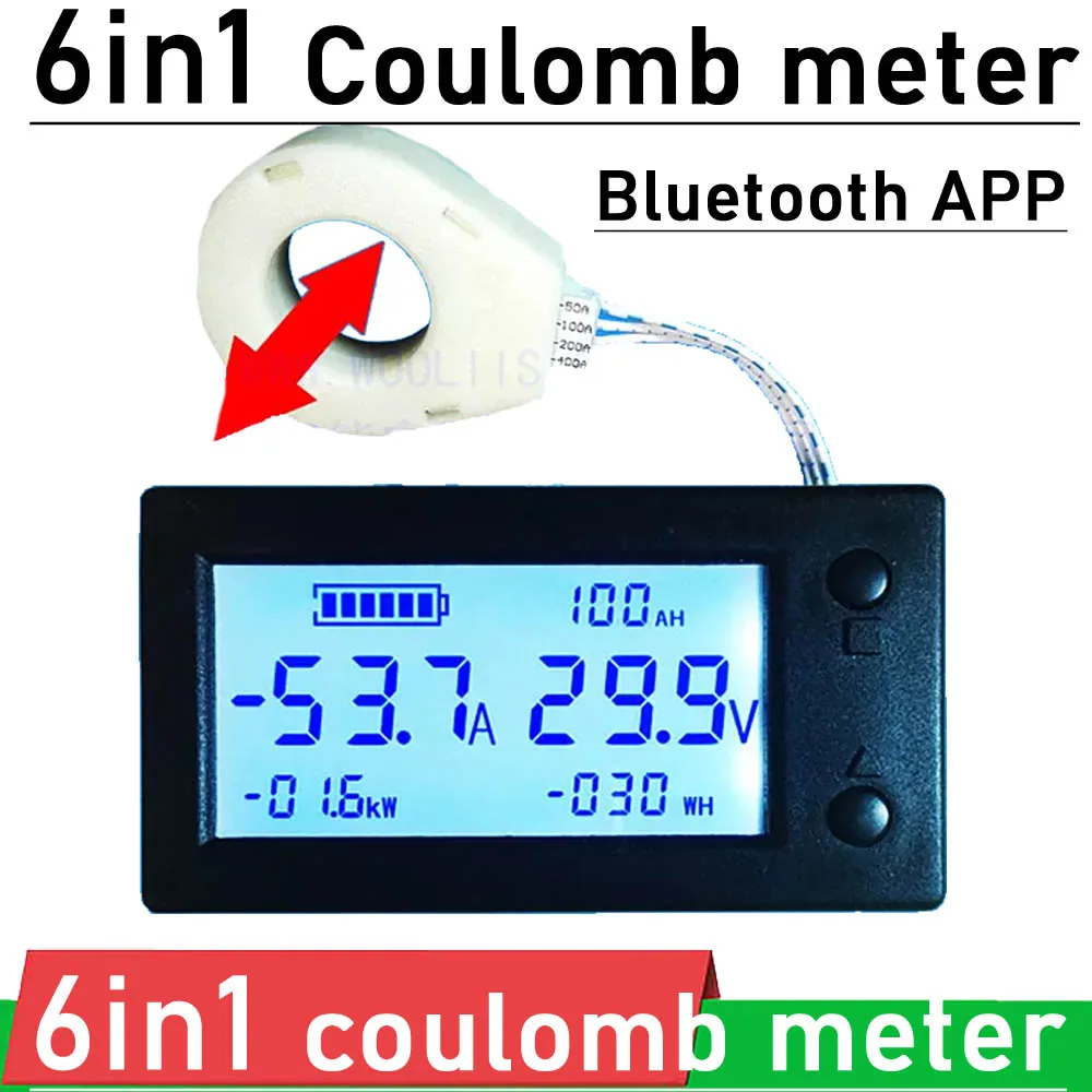 6IN1 Coulomb Meter DC ± 200A Lifepo4 lead-acid Li-ion lithium Battery Capacity power display Bluetooth APP 12V 24V 36V 48V 60V