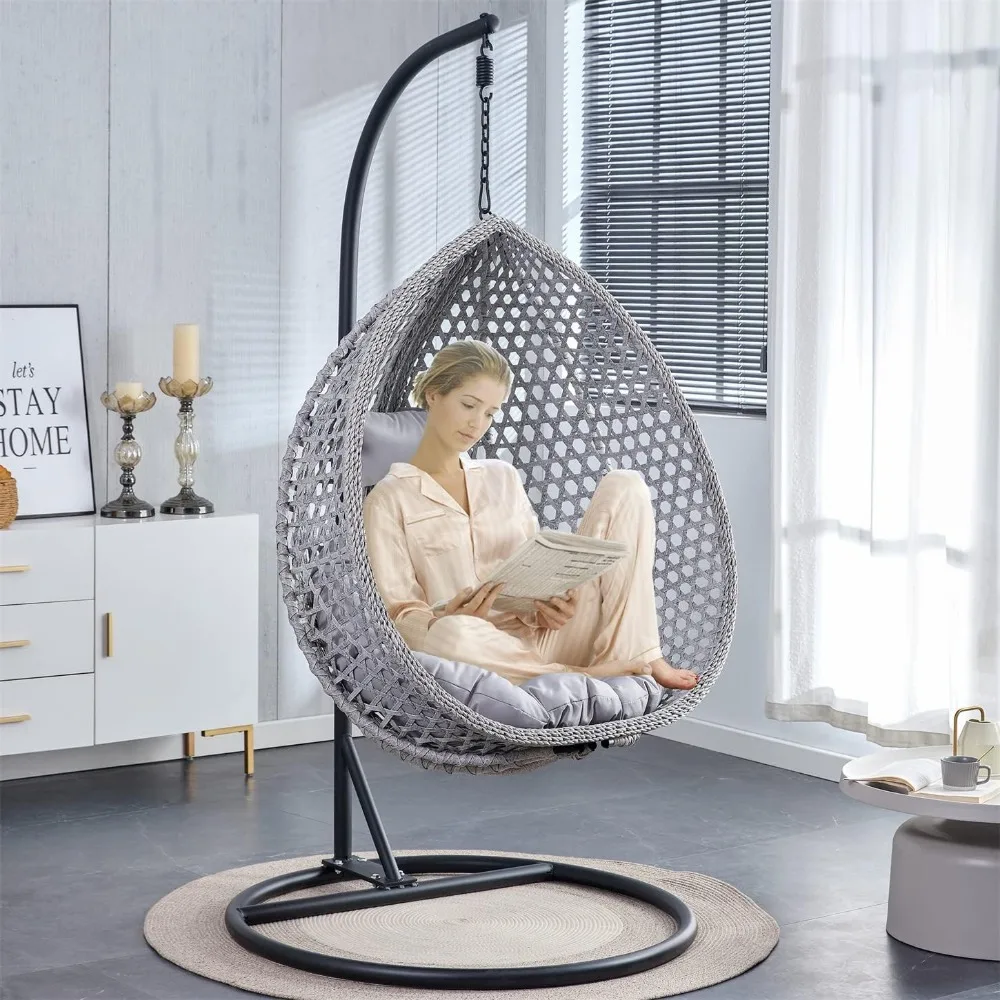 

Egg Swing Chair with Stand Rattan Hanging Egg Chair with Cushions and Pillow Relaxing Chair Foldable Basket & Metal Stand Indoor