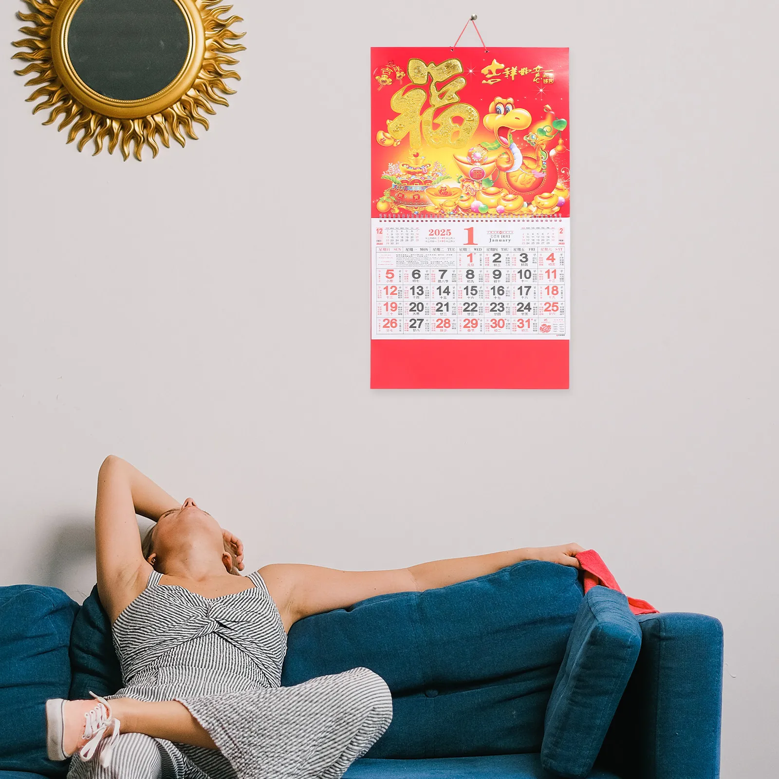 

2025 Chinese Lunar Year Fu Character Hanging Calendar Wall Decor Year of Snake Monthly Calendar Planner with Global Holidays