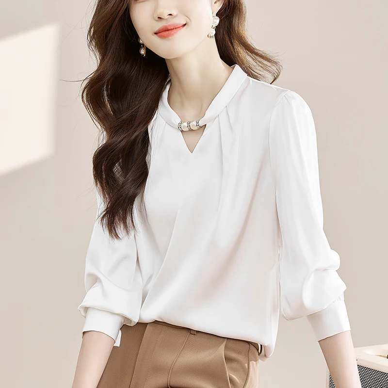 

Elegant Satin Shirt For Women Halter O Neck Beading Blouse Woman 2024 Spring Loose Solid Tops Female OL Lady Shirts Blusas Mujer