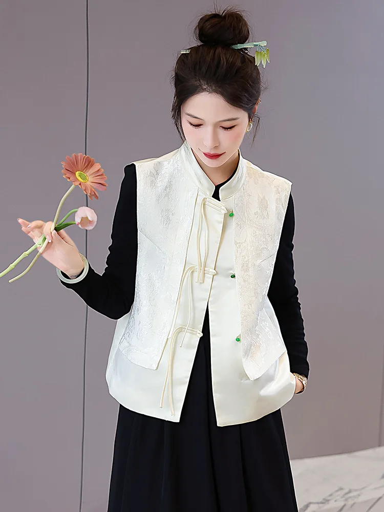 New Chinese vest women's spring and autumn new jacquard retro button slim vest jacket