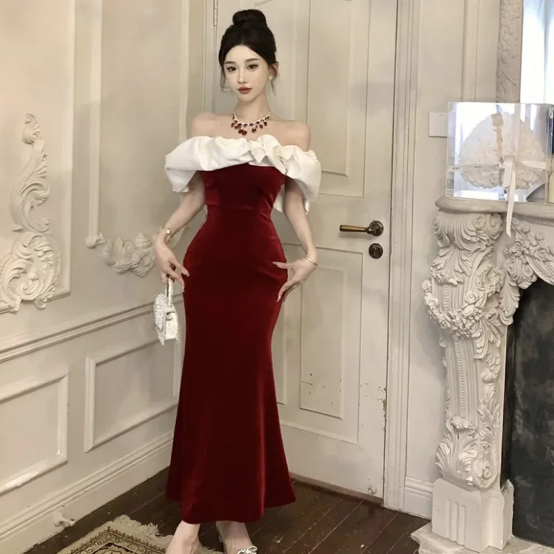 Ezgaga Mermaid Dresses Women Slash Neck Off Shoulder Patchwork Sleeveless Sexy Velvet Party Dress Elegant Ladies Backless