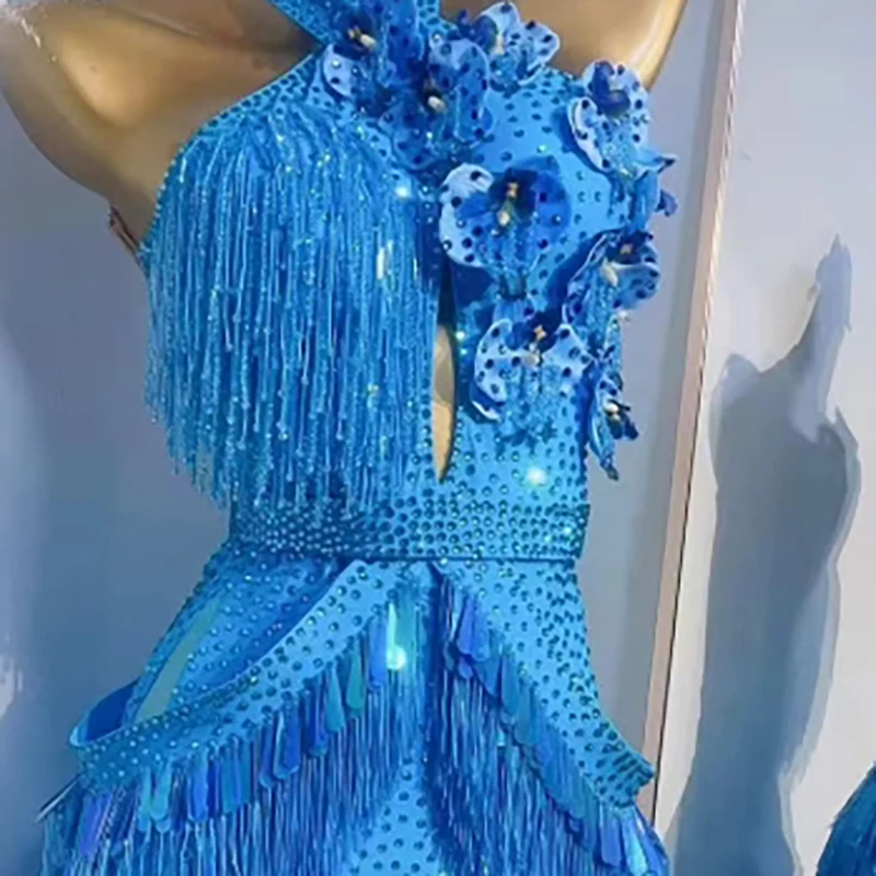 Vestido de dança latina com strass, feminino, personalizado, flor azul, passarela, traje de samba americano