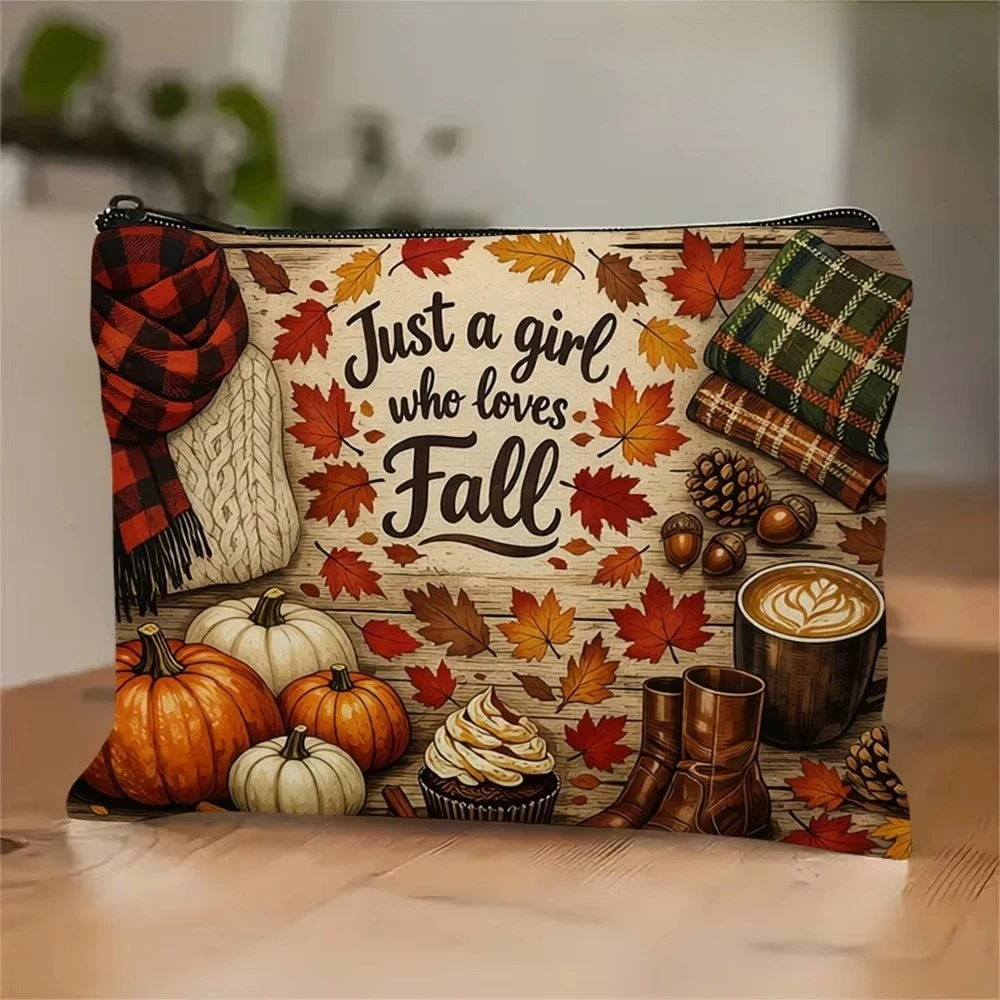 Just A Girl Who Loves Fall Cosmetic Bag Pumpkin Maple Leaf Zipper Pouch Makeup Storage Bag Autumn Gift for Women