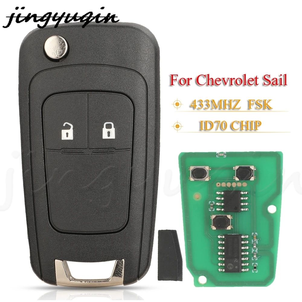 jingyuqin 2 Button Flip Remote Car Key 433MHz FSK ID70 Chip For Chevrolet Sail 2019 2020 2021+ Full Key Control Fob Uncut Blade