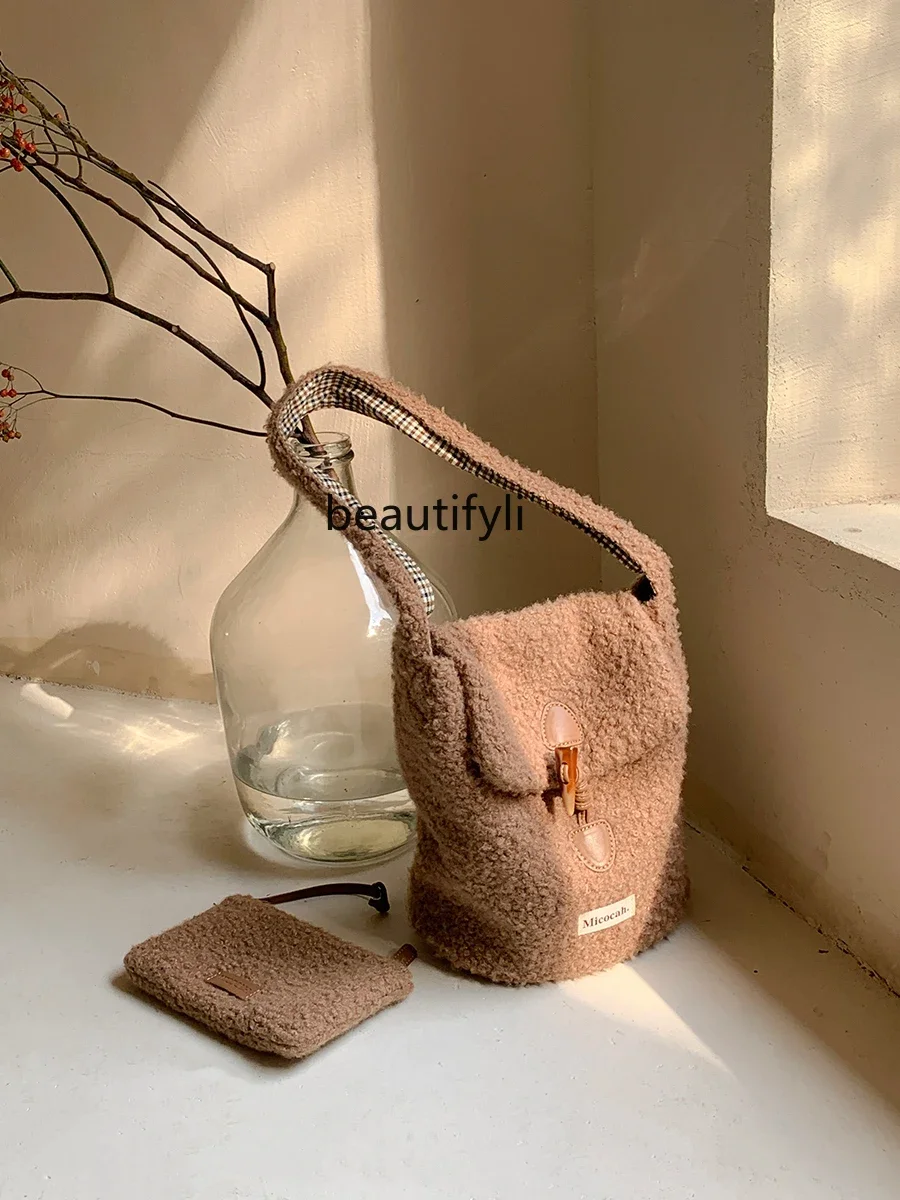 

New Autumn and Winter Two-Piece Suit Plush Bucket Bag Women's Shoulder Bag Niche Original