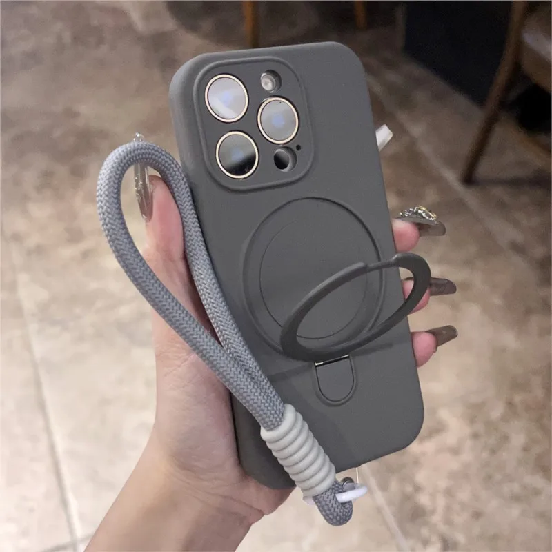 

Оригинальный мягкий чехол из жидкого силикона для Iphone 17, 16, 15, 14 Plus, 13, 12, 11 Pro Max, металлический держатель-подставка для Magsafe, чехол на ремешок
