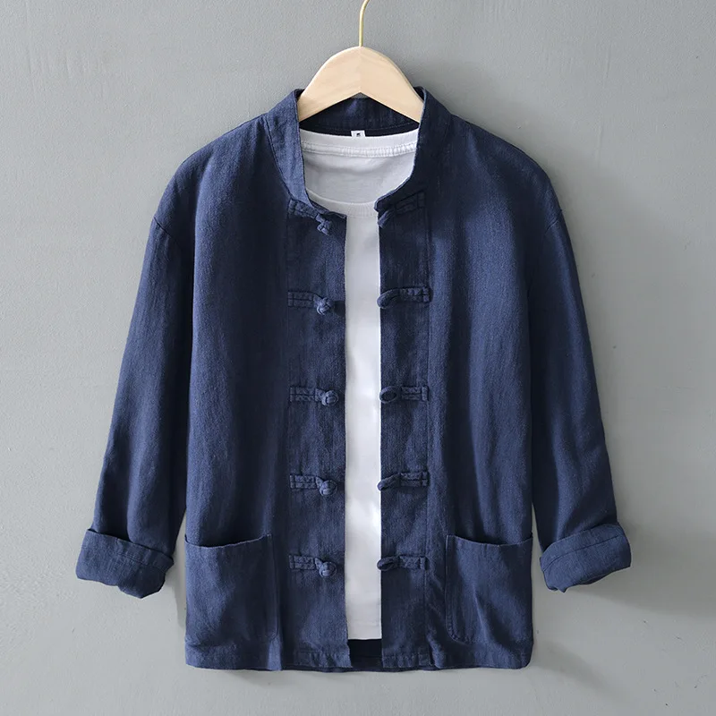 Retro Chinese Style Linen Shirt Men's Long Sleeve Cotton Linen Button Up Stand Collar Tang Costume  Casual Breathable Shirt